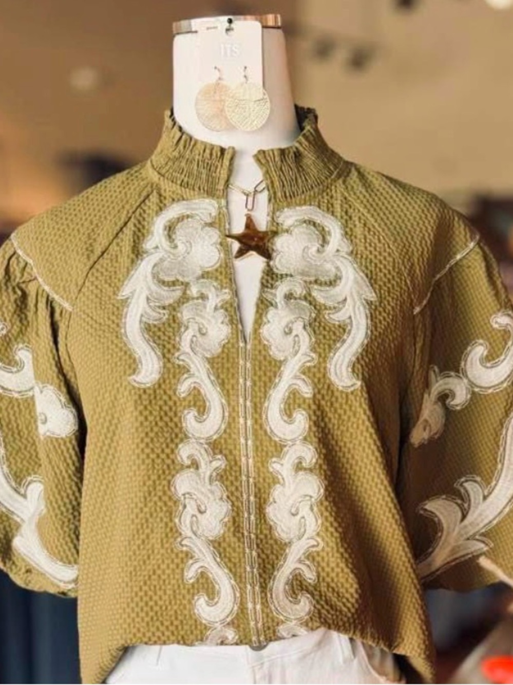 THML Embroidered Olive Green Women's Blouse - S